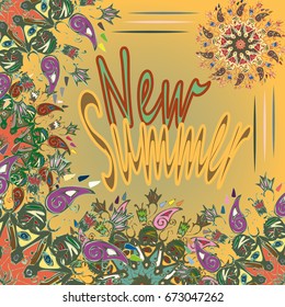 New summer - zentangle inspired art vintage card design with doodle in bright colors