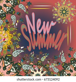 New summer - zentangle inspired art vintage card design with doodle in bright colors
