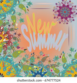 New summer - zentangle inspired art vintage card design with doodle in bright colors