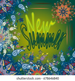 New summer - zentangle inspired art vintage card design with doodle in bright colors