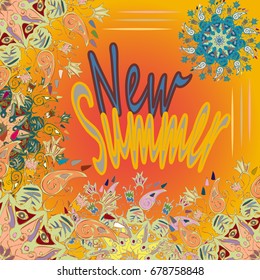 New summer - zentangle inspired art vintage card design with doodle in bright colors