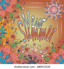 New summer - zentangle inspired art vintage card design with doodle in bright colors