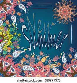 New summer - zentangle inspired art vintage card design with doodle in bright colors