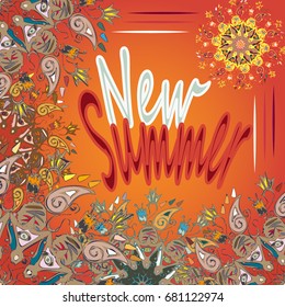 New summer - zentangle inspired art vintage card design with doodle in bright colors