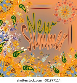 New summer - zentangle inspired art vintage card design with doodle in bright colors