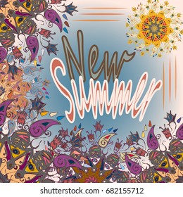 New summer - zentangle inspired art vintage card design with doodle in bright colors