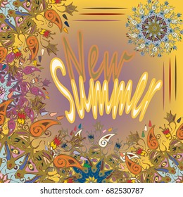 New summer - zentangle inspired art vintage card design with doodle in bright colors