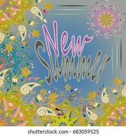 New summer - zentangle inspired art vintage card design with doodle in bright colors