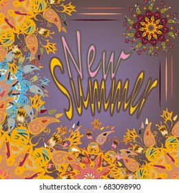New summer - zentangle inspired art vintage card design with doodle in bright colors