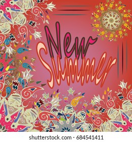 New summer - zentangle inspired art vintage card design with doodle in bright colors