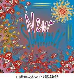 New summer - zentangle inspired art vintage card design with doodle in bright colors