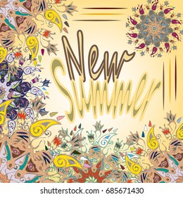 New summer - zentangle inspired art vintage card design with doodle in bright colors