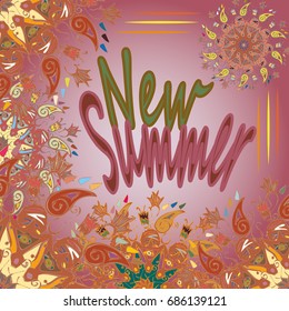New summer - zentangle inspired art vintage card design with doodle in bright colors