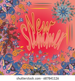 New summer - zentangle inspired art vintage card design with doodle in bright colors