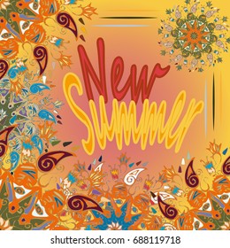 New summer - zentangle inspired art vintage card design with doodle in bright colors