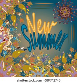 New summer - zentangle inspired art vintage card design with doodle in bright colors