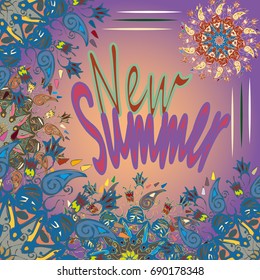 New summer - zentangle inspired art vintage card design with doodle in bright colors