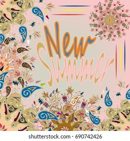 New summer - zentangle inspired art vintage card design with doodle in bright colors