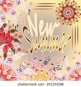 New summer - zentangle inspired art vintage card design with doodle in bright colors