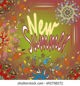 New summer - zentangle inspired art vintage card design with doodle in bright colors