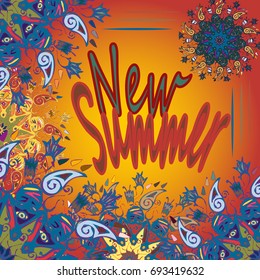 New summer - zentangle inspired art vintage card design with doodle in bright colors