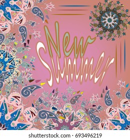 New summer - zentangle inspired art vintage card design with doodle in bright colors