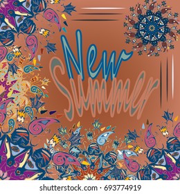 New summer - zentangle inspired art vintage card design with doodle in bright colors