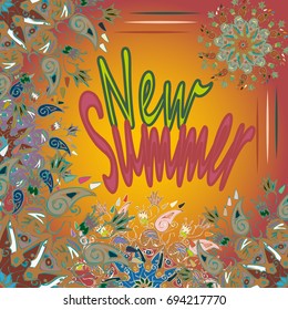 New summer - zentangle inspired art vintage card design with doodle in bright colors