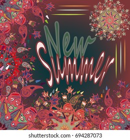New summer - zentangle inspired art vintage card design with doodle in bright colors