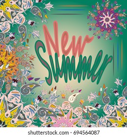 New summer - zentangle inspired art vintage card design with doodle in bright colors