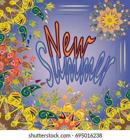 New summer - zentangle inspired art vintage card design with doodle in bright colors