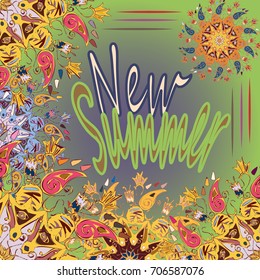 New summer - zentangle inspired art vintage card design with doodle in bright colors