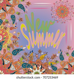 New summer - zentangle inspired art vintage card design with doodle in bright colors