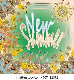 New summer - zentangle inspired art vintage card design with doodle in bright colors