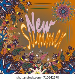 New summer - zentangle inspired art vintage card design with doodle in bright colors
