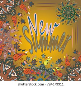 New summer - zentangle inspired art vintage card design with doodle in bright colors