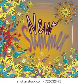 New summer - zentangle inspired art vintage card design with doodle in bright colors