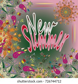New summer - zentangle inspired art vintage card design with doodle in bright colors