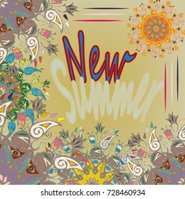 New summer - zentangle inspired art vintage card design with doodle in bright colors