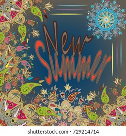 New summer - zentangle inspired art vintage card design with doodle in bright colors