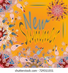 New summer - zentangle inspired art vintage card design with doodle in bright colors