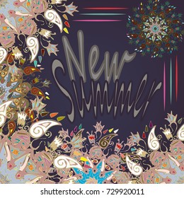 New summer - zentangle inspired art vintage card design with doodle in bright colors