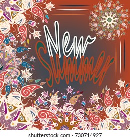 New summer - zentangle inspired art vintage card design with doodle in bright colors