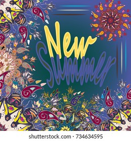 New summer - zentangle inspired art vintage card design with doodle in bright colors