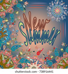 New summer - zentangle inspired art vintage card design with doodle in bright colors