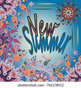 New summer - zentangle inspired art vintage card design with doodle in bright colors
