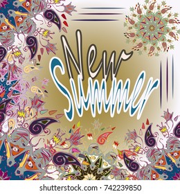 New summer - zentangle inspired art vintage card design with doodle in bright colors