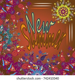 New summer - zentangle inspired art vintage card design with doodle in bright colors