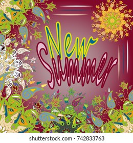 New summer - zentangle inspired art vintage card design with doodle in bright colors