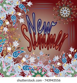 New summer - zentangle inspired art vintage card design with doodle in bright colors